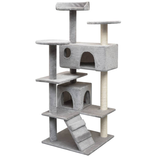 Cat house with sisal rope scratching post 125 cm grey