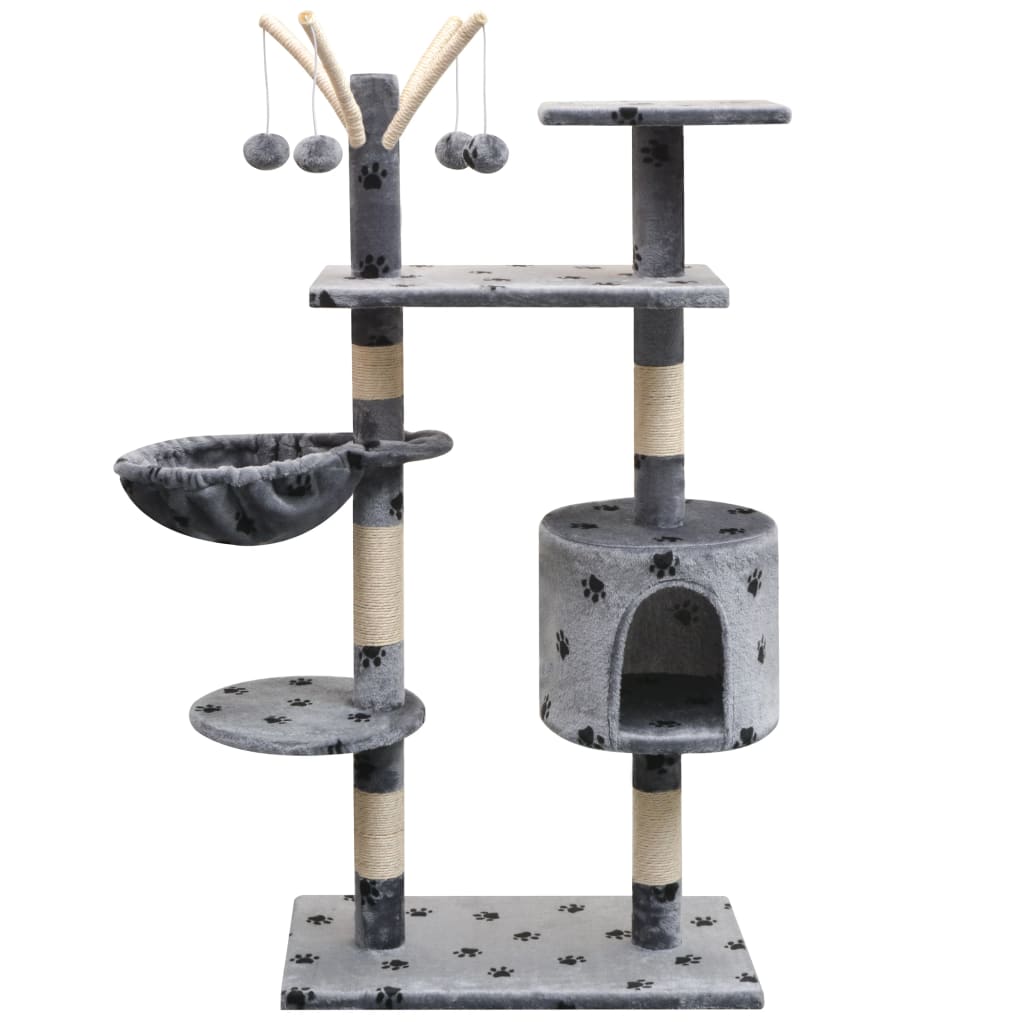 Cat house with sisal rope and scratching post 125 cm with paw prints grey