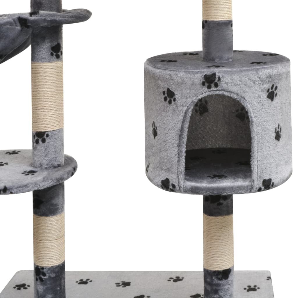 Cat house with sisal rope and scratching post 125 cm with paw prints grey