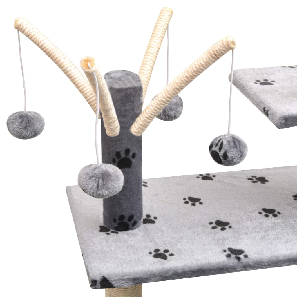 Cat house with sisal rope and scratching post 125 cm with paw prints grey