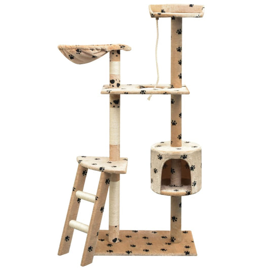 Cat house with sisal rope scratching post 150 cm with paw prints beige