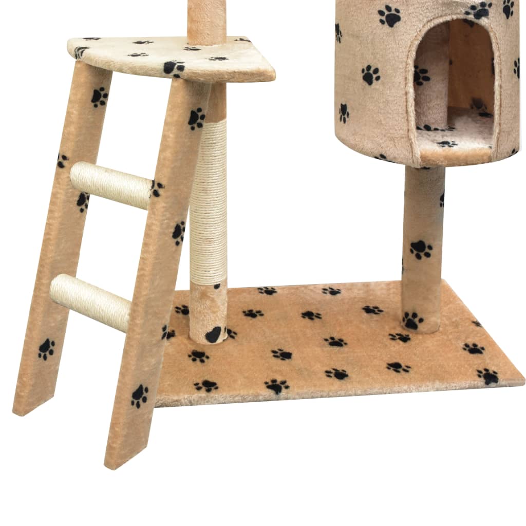 Cat house with sisal rope scratching post 150 cm with paw prints beige