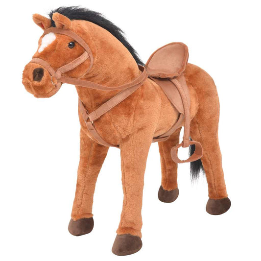 standing toy horse, plush, brown