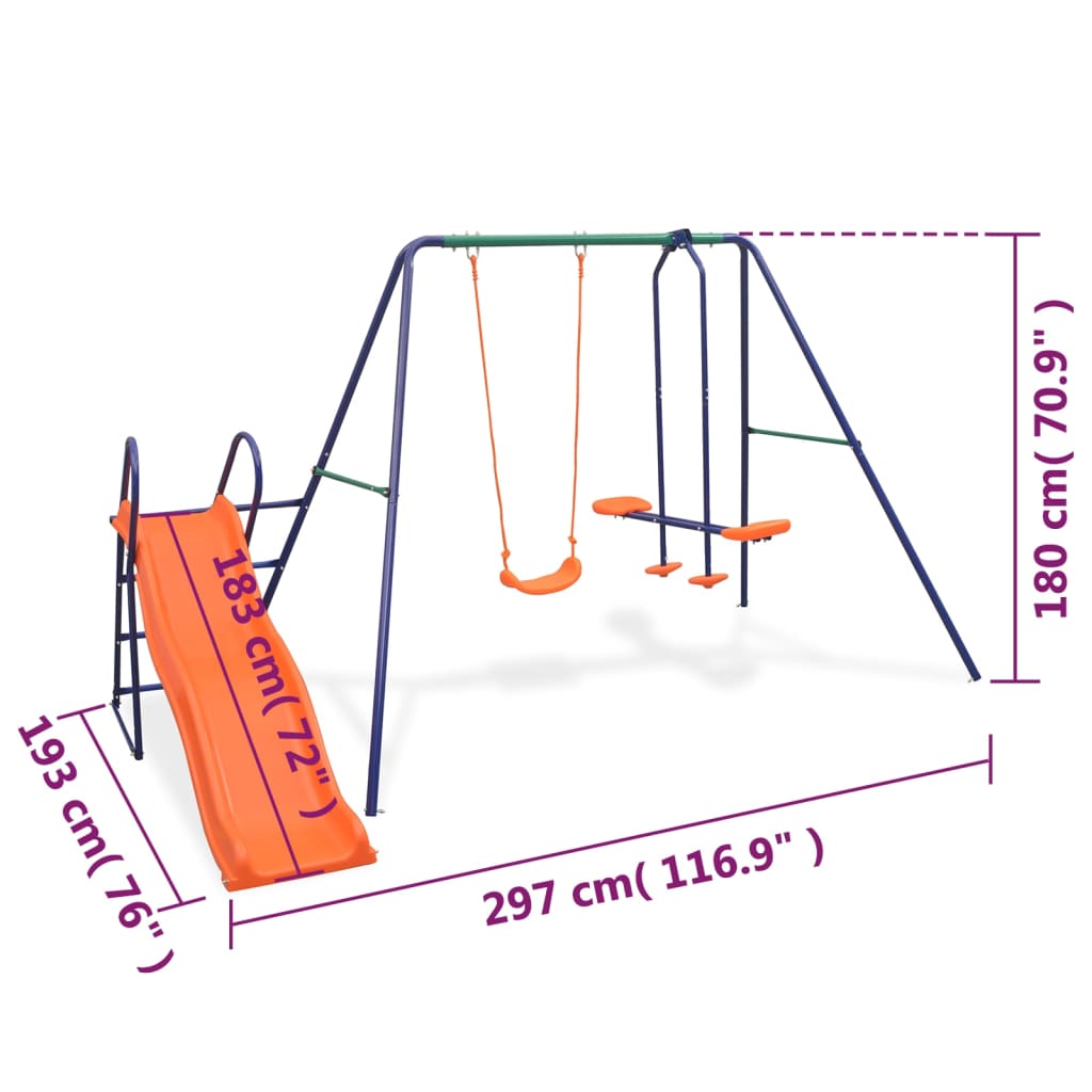 Swing set with slide, 3 seats, orange