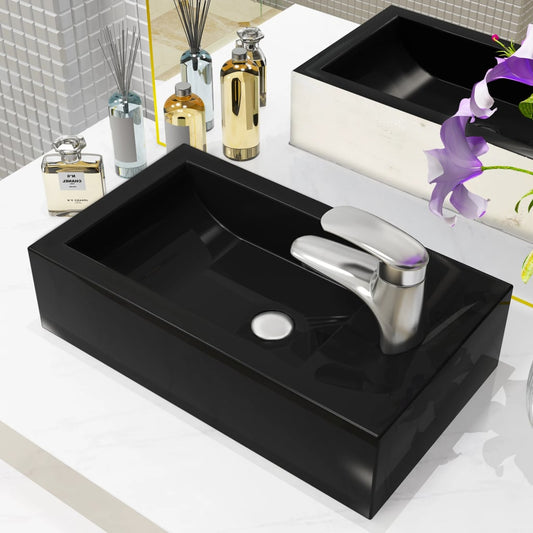 ceramic sink with tap hole, square, black, 46x25.5x12 cm