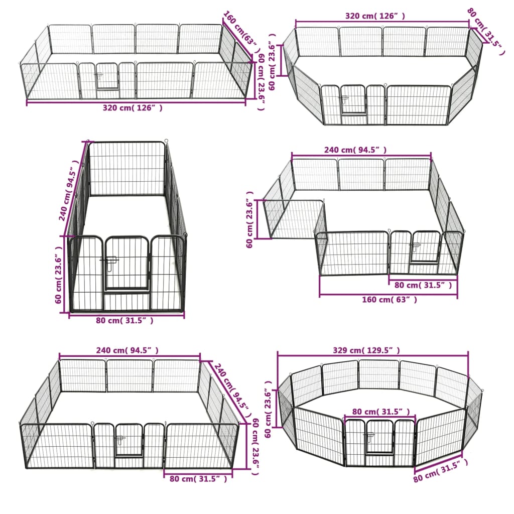 Dog playpen with 12 panels, steel, 80 x 60 cm, black