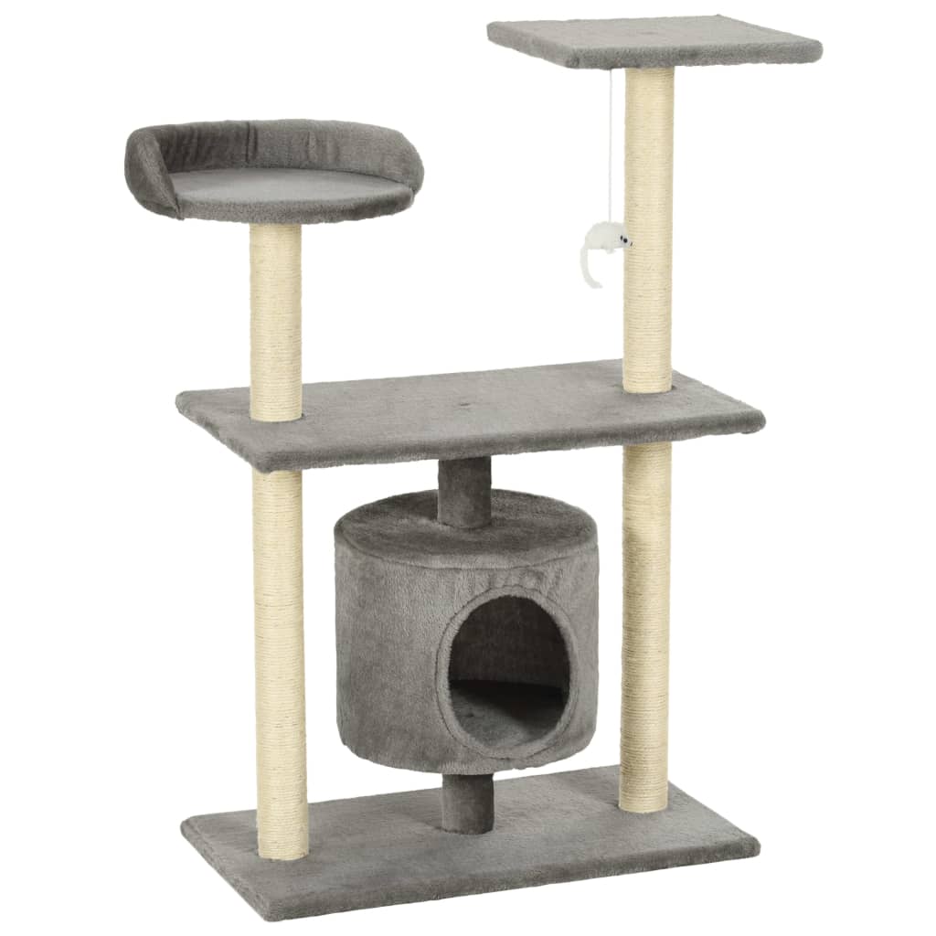 Cat house with sisal rope scratching post 95 cm grey