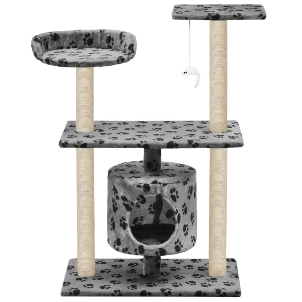 Cat house with sisal rope and scratching post 95 cm with paw prints grey