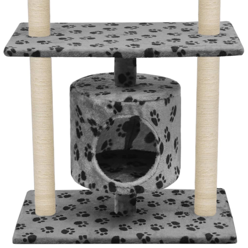 Cat house with sisal rope and scratching post 95 cm with paw prints grey