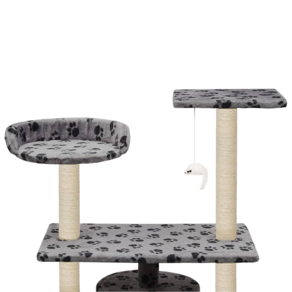 Cat house with sisal rope and scratching post 95 cm with paw prints grey