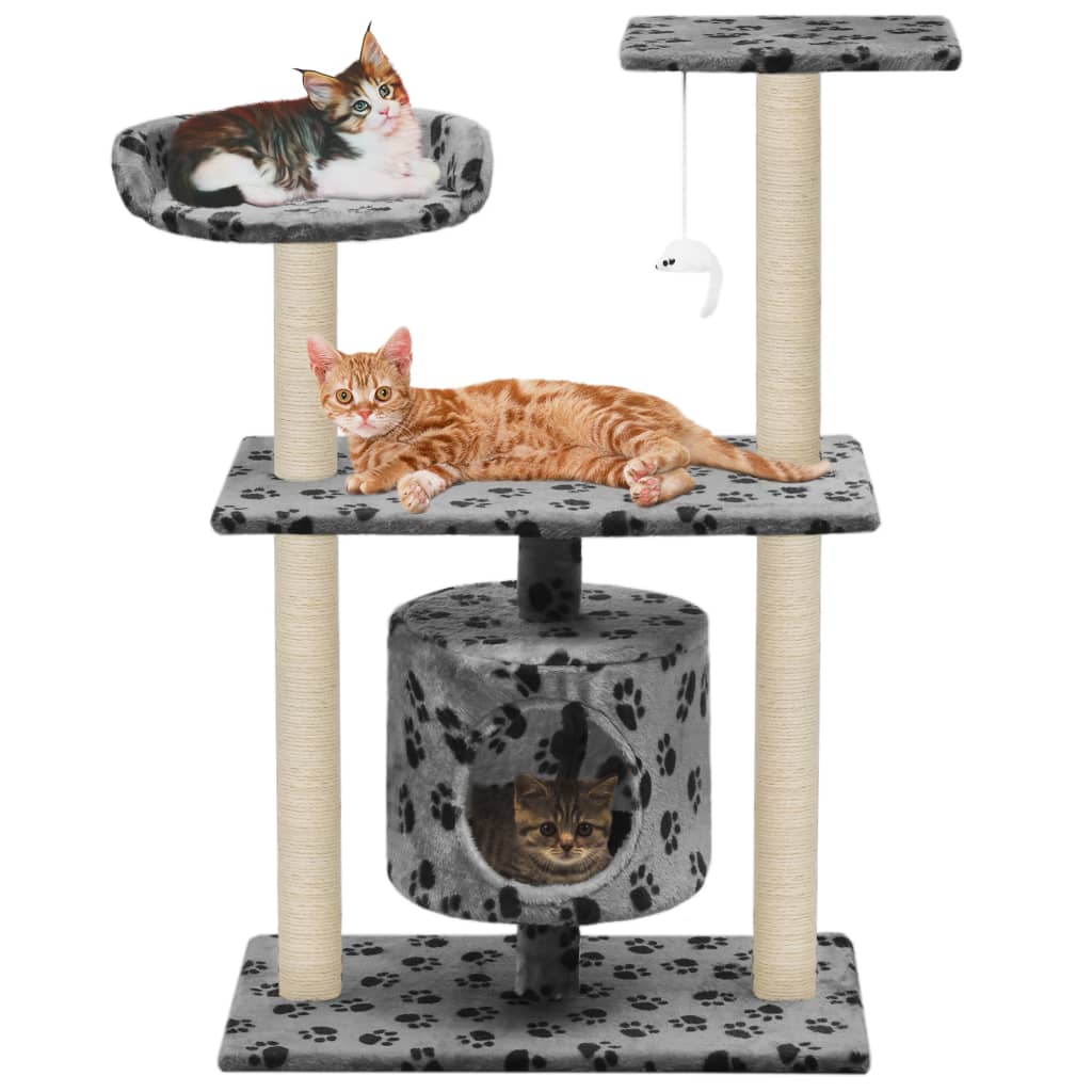 Cat house with sisal rope and scratching post 95 cm with paw prints grey