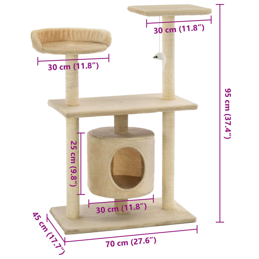 Cat house with sisal rope and scratching post 95 cm beige