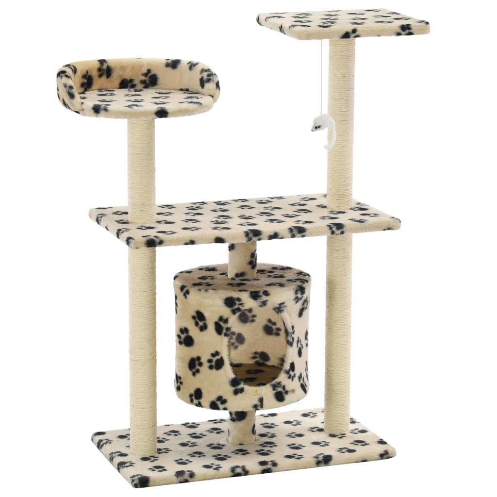 Cat house with sisal rope and scratching post 95 cm with paw prints beige