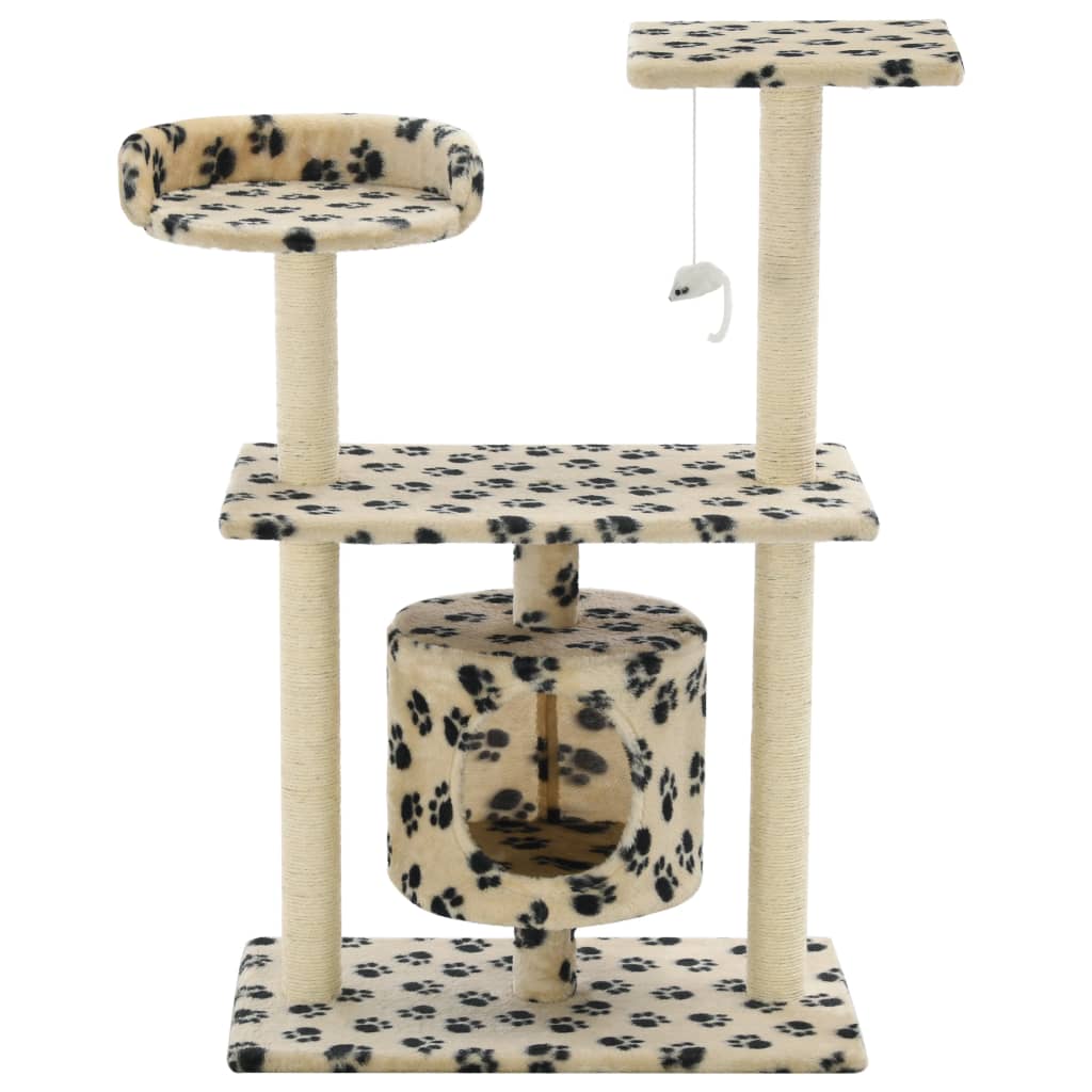 Cat house with sisal rope and scratching post 95 cm with paw prints beige