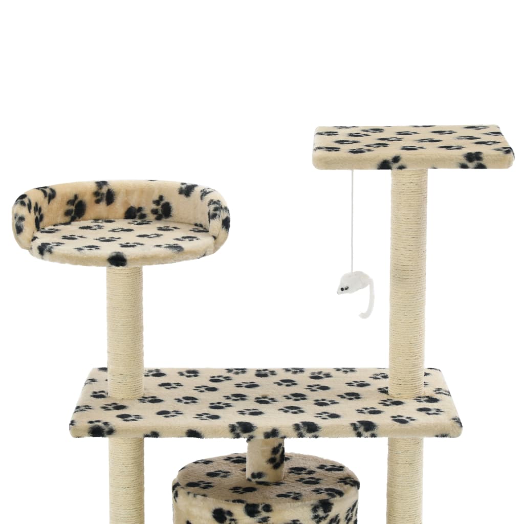 Cat house with sisal rope and scratching post 95 cm with paw prints beige