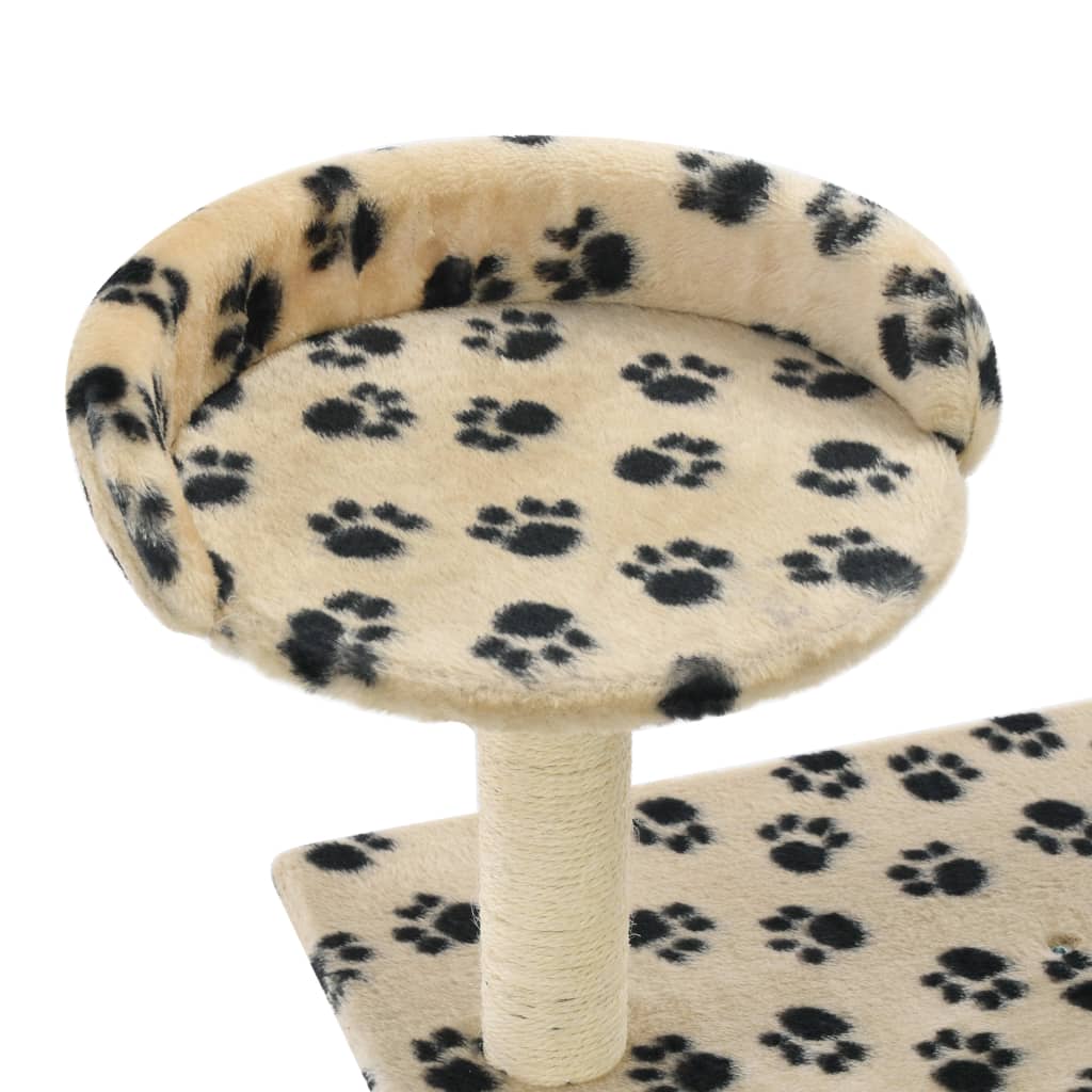 Cat house with sisal rope and scratching post 95 cm with paw prints beige