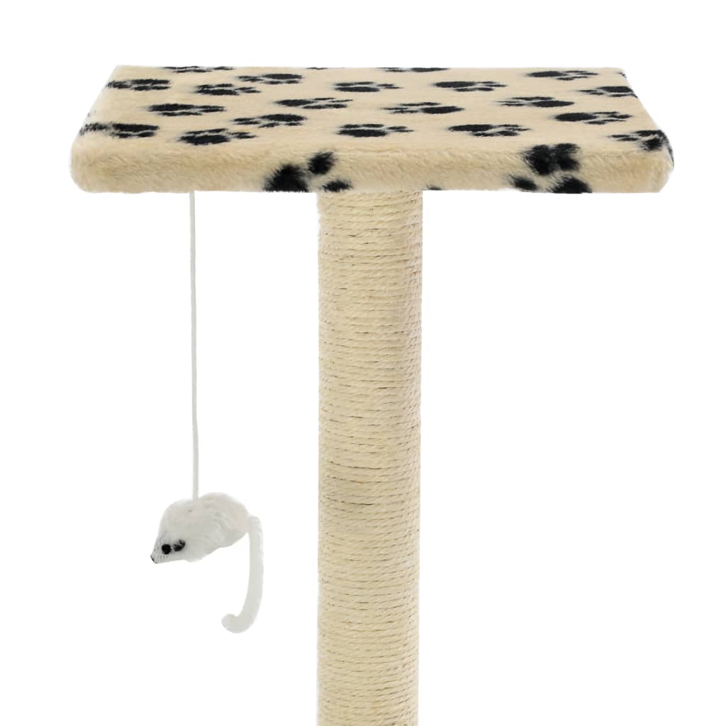 Cat house with sisal rope and scratching post 95 cm with paw prints beige