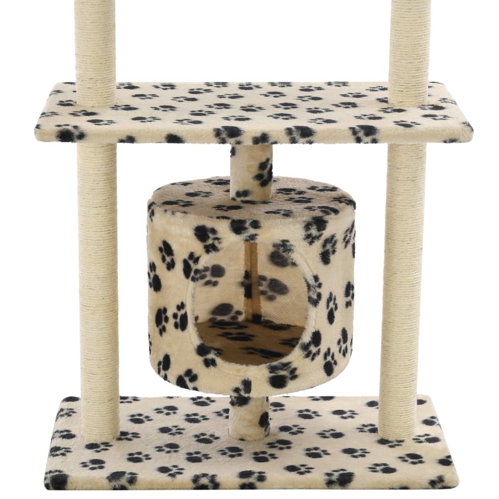 Cat house with sisal rope and scratching post 95 cm with paw prints beige