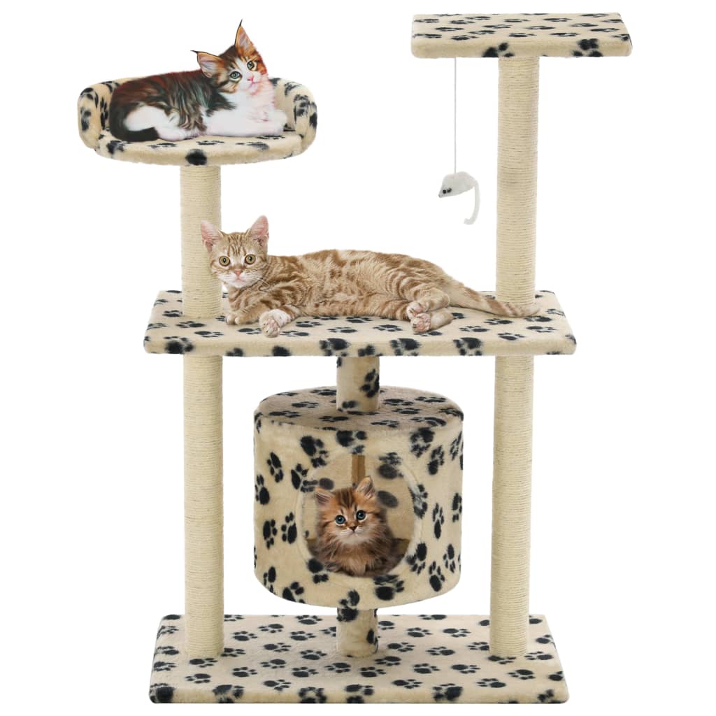 Cat house with sisal rope and scratching post 95 cm with paw prints beige