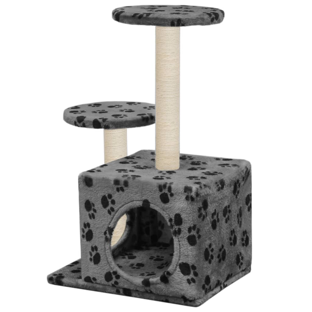 Cat house with sisal rope and scratching post 60 cm with paw prints grey