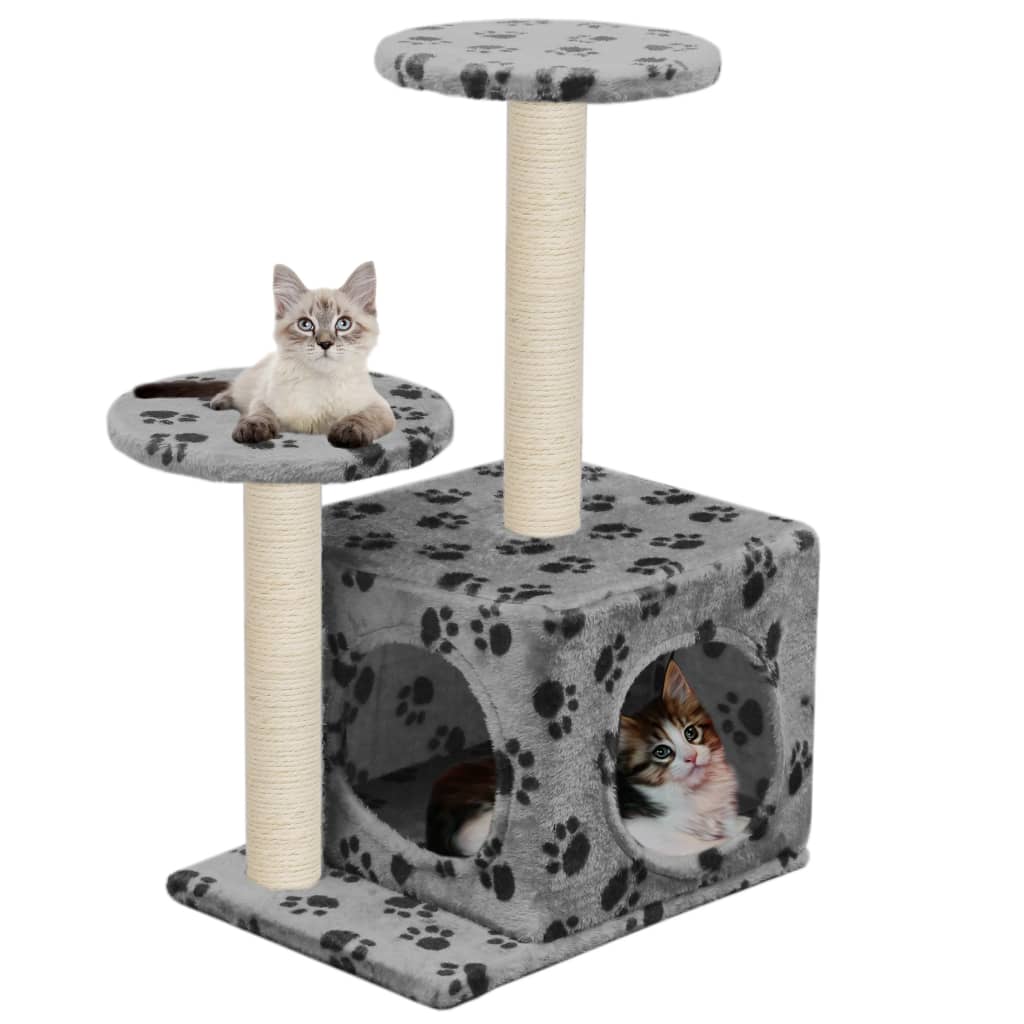 Cat house with sisal rope and scratching post 60 cm with paw prints grey