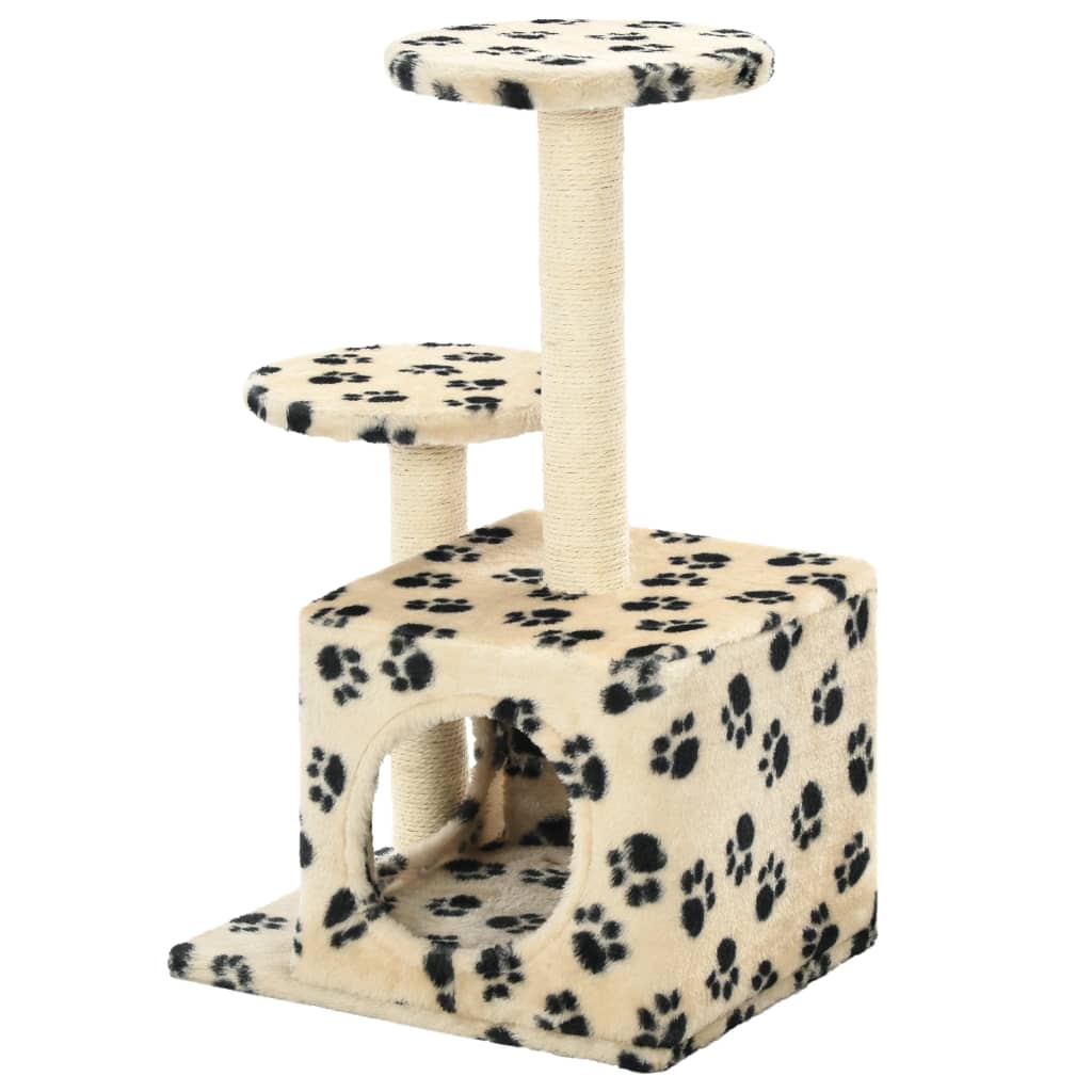 Cat house with sisal rope scratching post 60 cm with paw prints beige