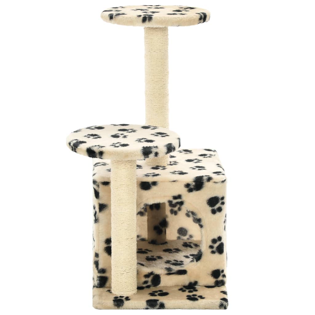 Cat house with sisal rope scratching post 60 cm with paw prints beige