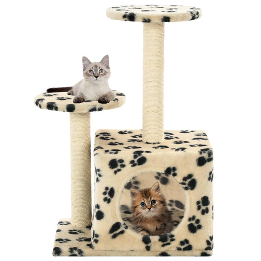 Cat house with sisal rope scratching post 60 cm with paw prints beige