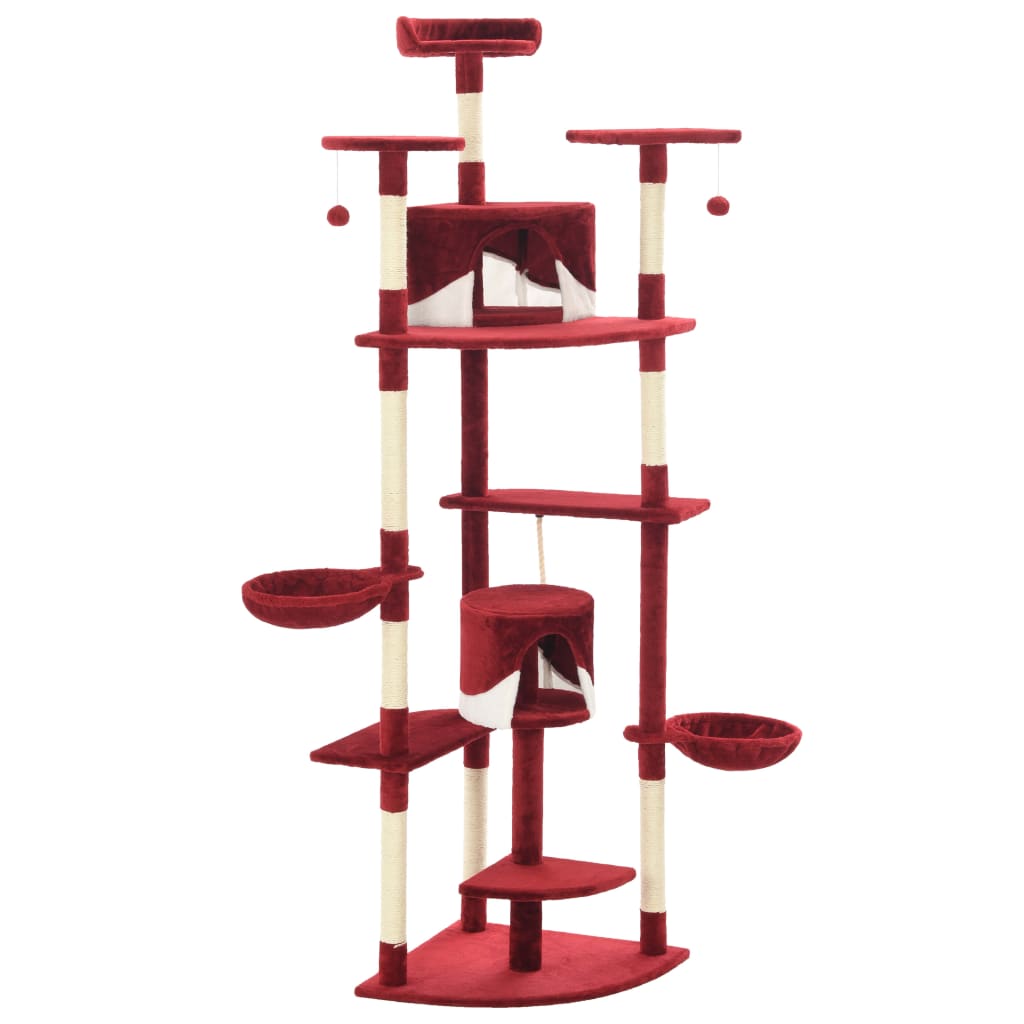 Cat house with sisal rope scratching post 203 cm red and white