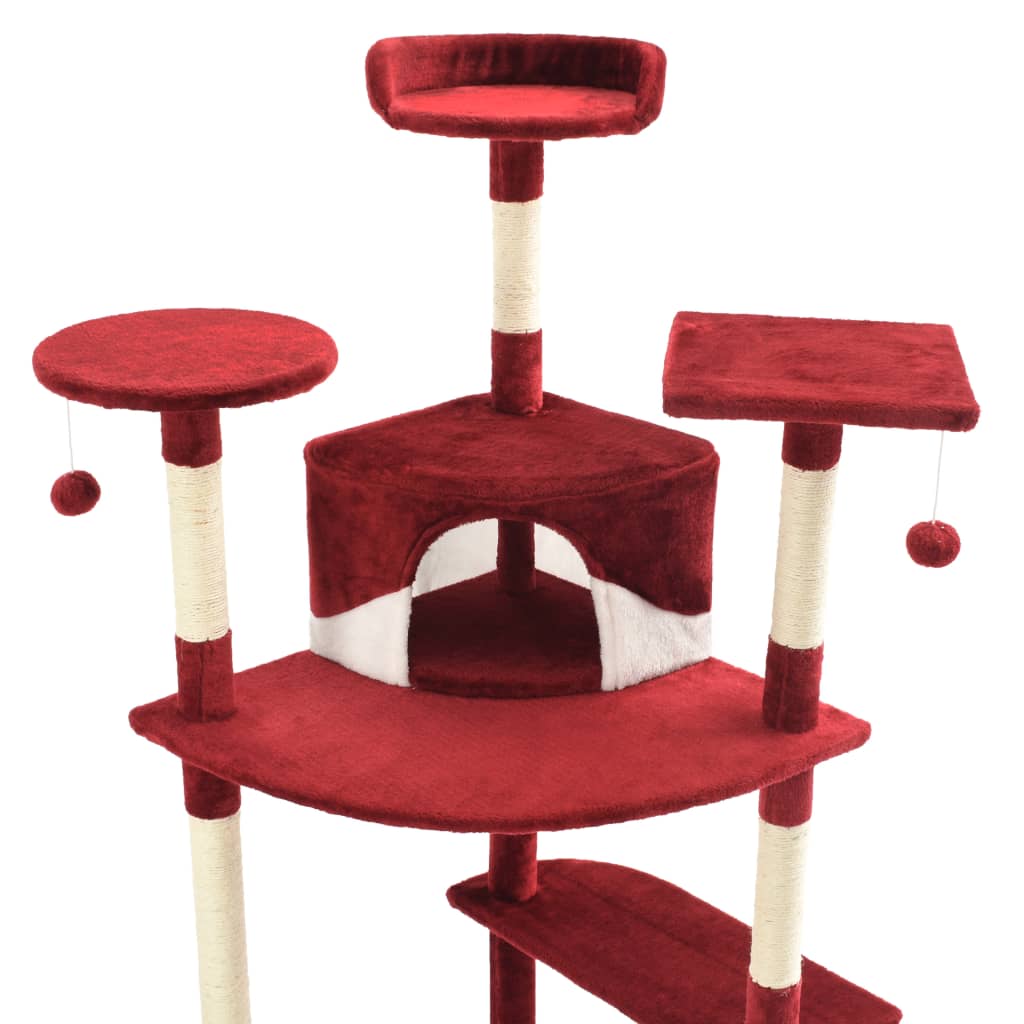 Cat house with sisal rope scratching post 203 cm red and white