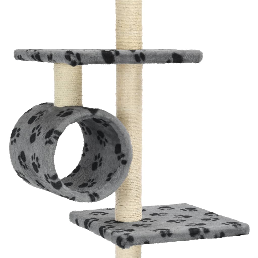 Cat house with sisal rope and scratching post 260 cm with paw prints grey