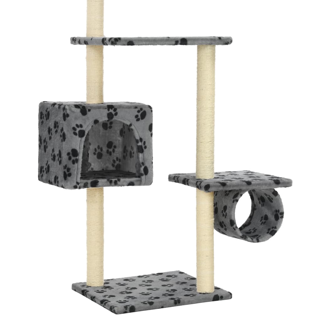 Cat house with sisal rope and scratching post 260 cm with paw prints grey