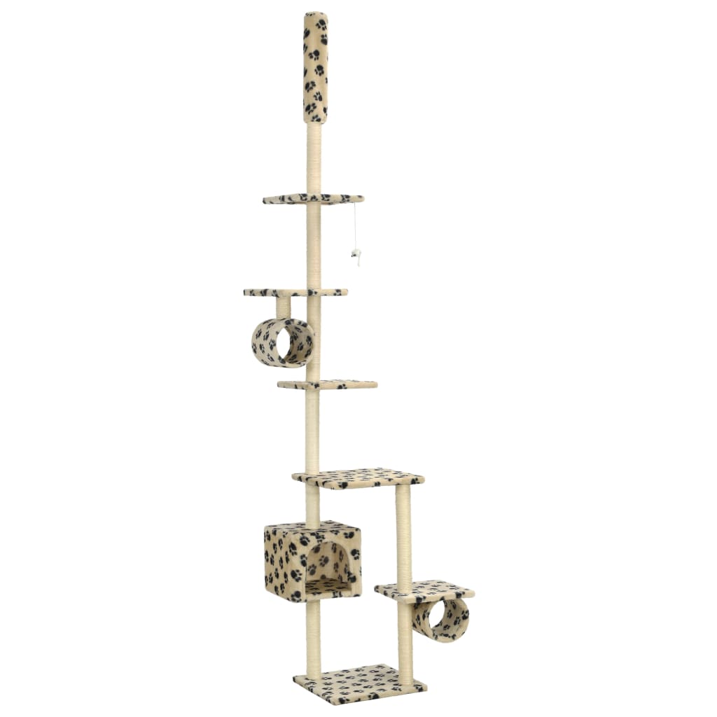 Cat house with sisal rope and scratching post 260 cm with paw prints beige