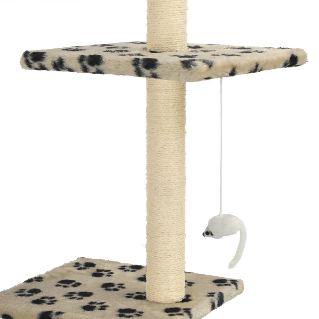 Cat house with sisal rope and scratching post 260 cm with paw prints beige