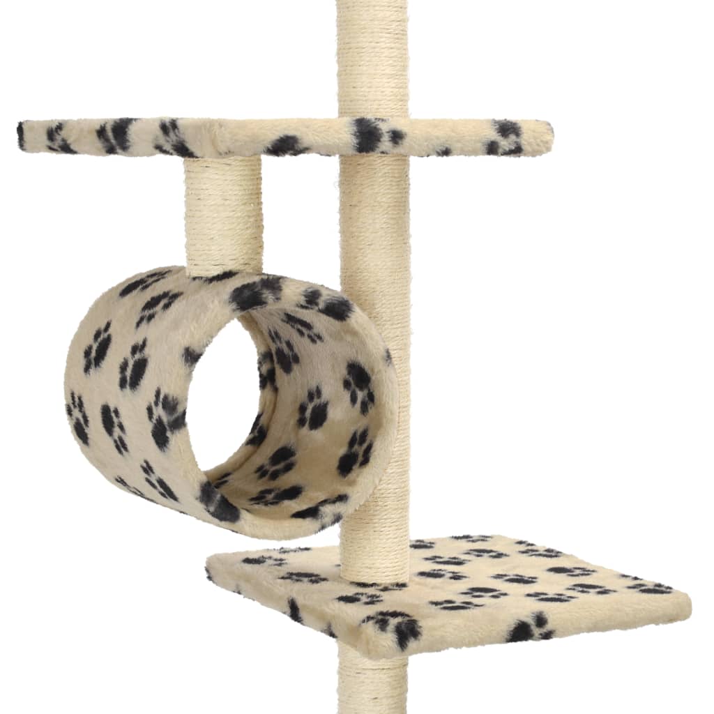 Cat house with sisal rope and scratching post 260 cm with paw prints beige