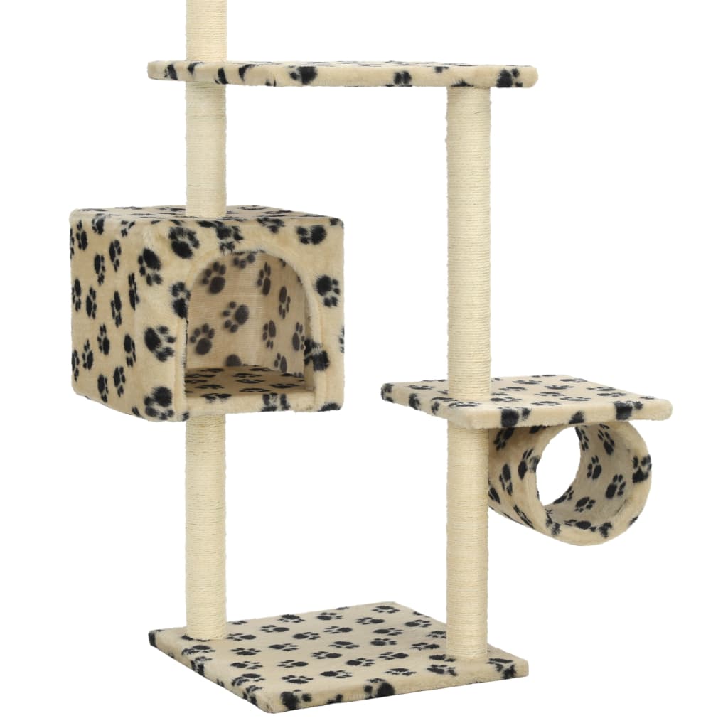 Cat house with sisal rope and scratching post 260 cm with paw prints beige