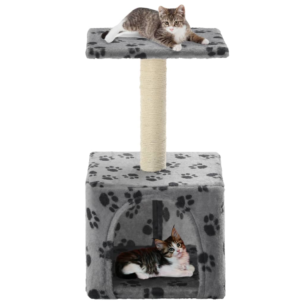 Cat house with sisal rope scratching post 55 cm with paw prints grey