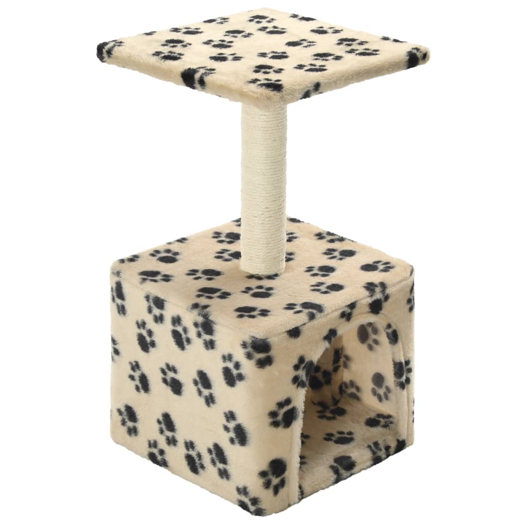 Cat house with sisal rope and scratching post 55 cm with paw prints beige