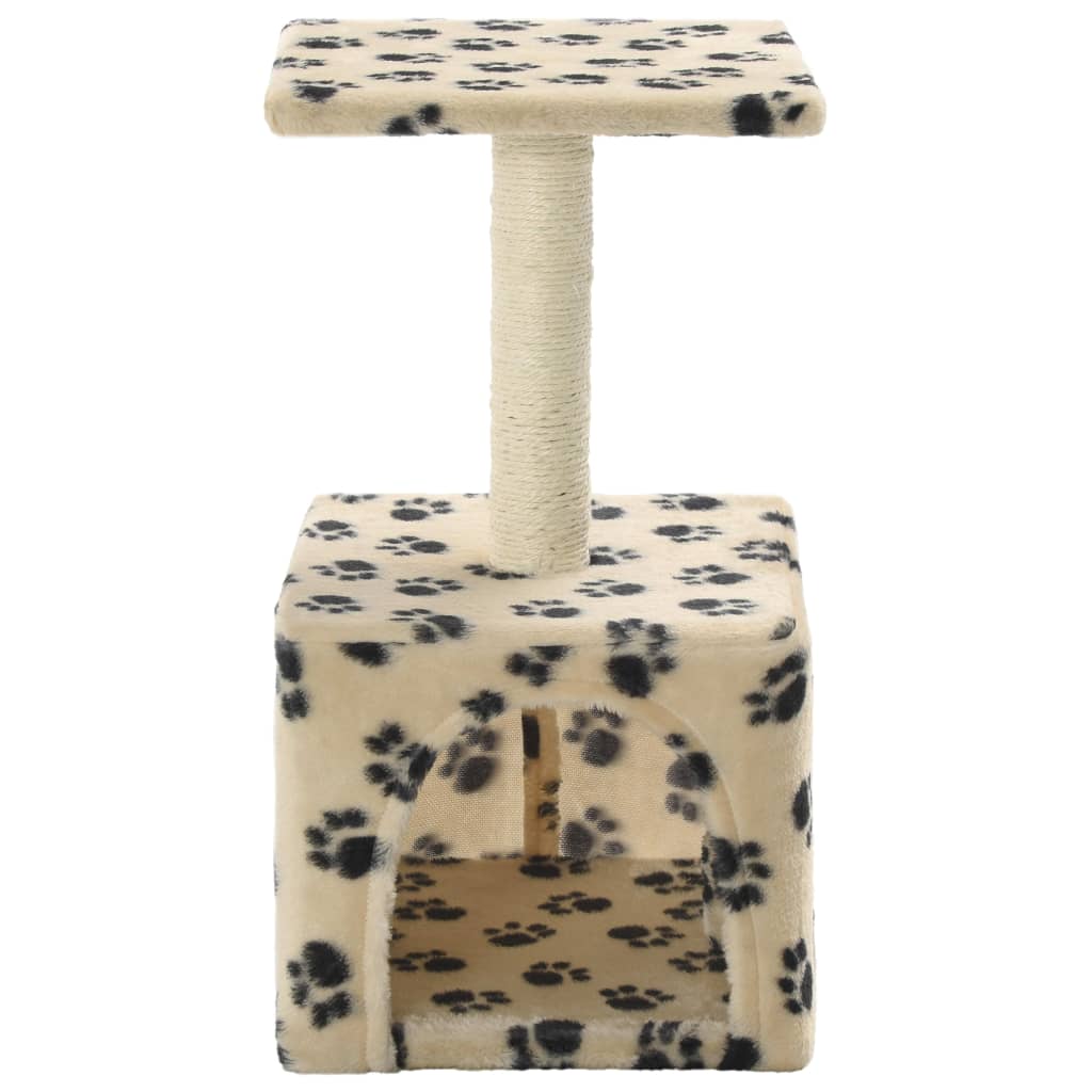 Cat house with sisal rope and scratching post 55 cm with paw prints beige