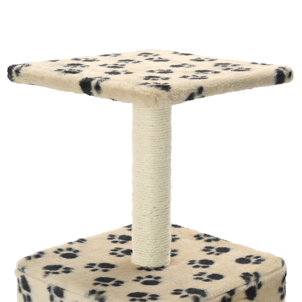 Cat house with sisal rope and scratching post 55 cm with paw prints beige