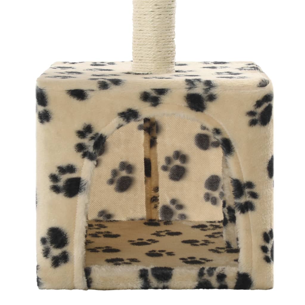 Cat house with sisal rope and scratching post 55 cm with paw prints beige