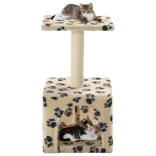 Cat house with sisal rope and scratching post 55 cm with paw prints beige