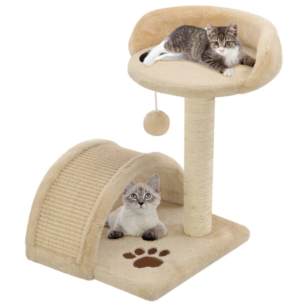 Cat house with sisal rope scratching post 40 cm, beige and brown