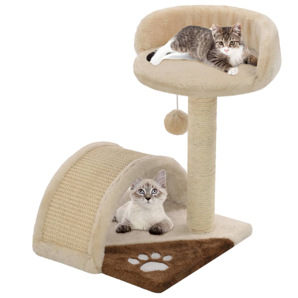 Cat house with sisal rope scratching post 40 cm, beige and brown