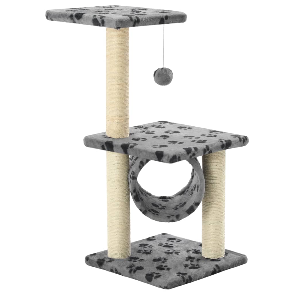 Cat house with sisal rope scratching post, 65 cm, grey with paw prints