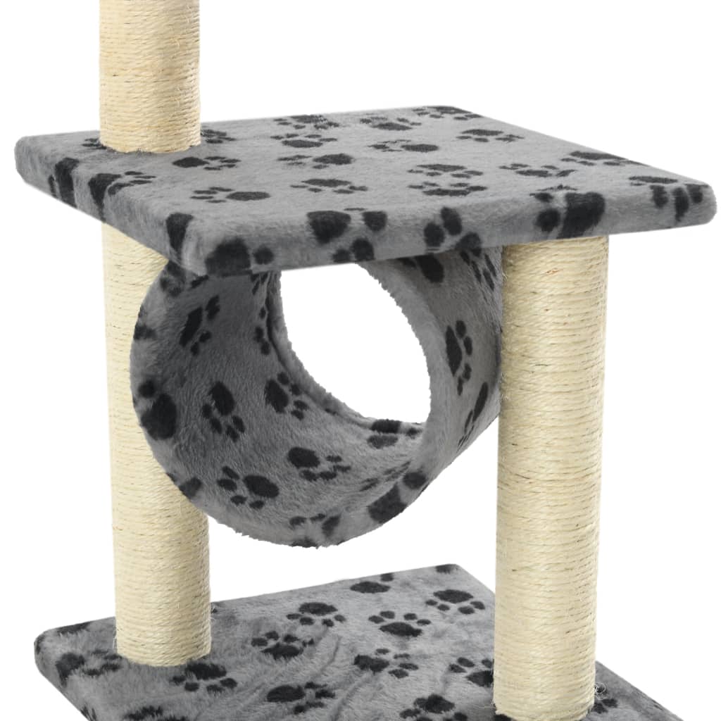 Cat house with sisal rope scratching post, 65 cm, grey with paw prints