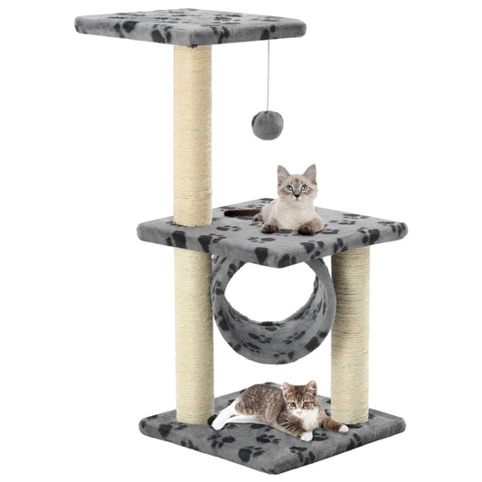 Cat house with sisal rope scratching post, 65 cm, grey with paw prints