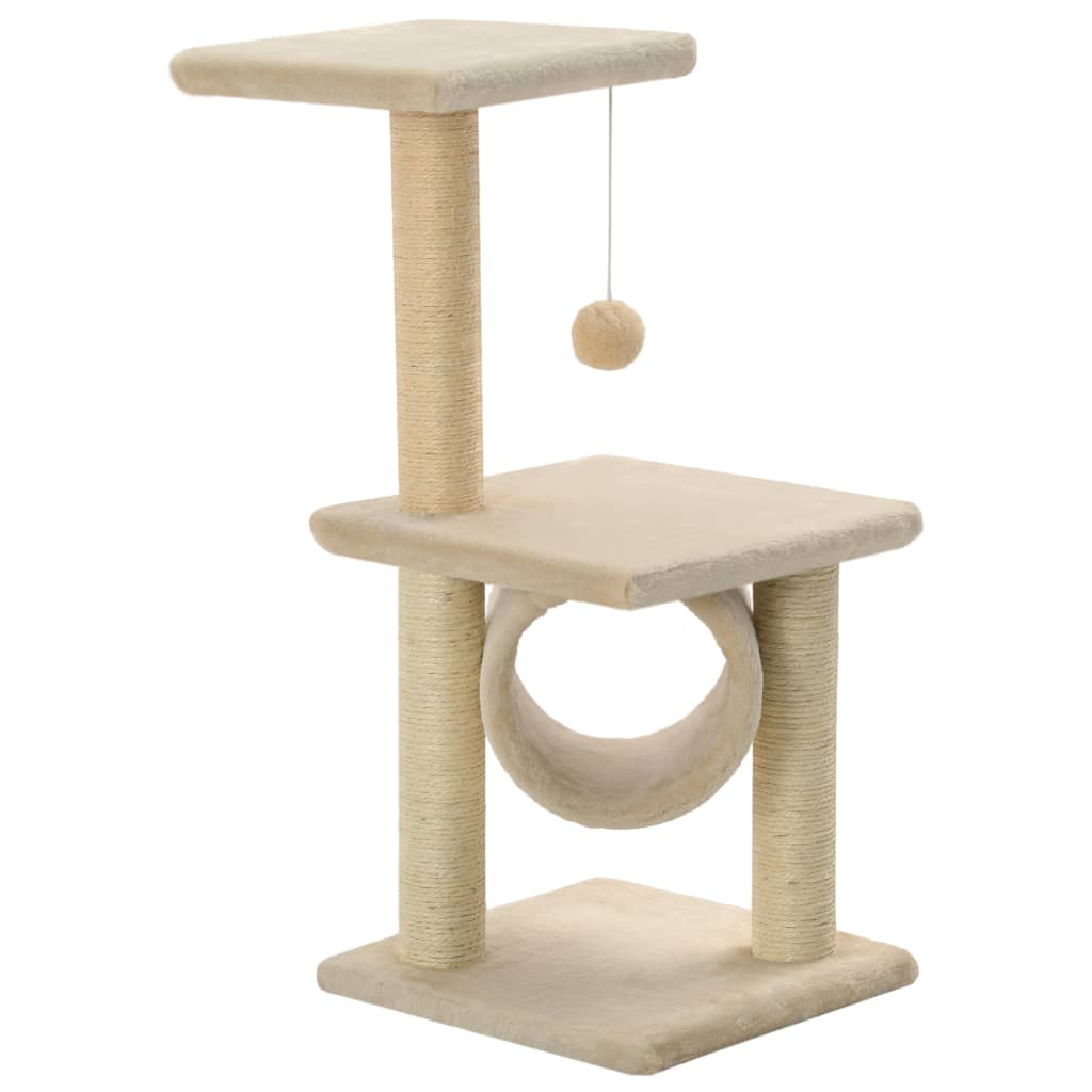 Cat house with sisal rope scratching post, 65 cm, beige