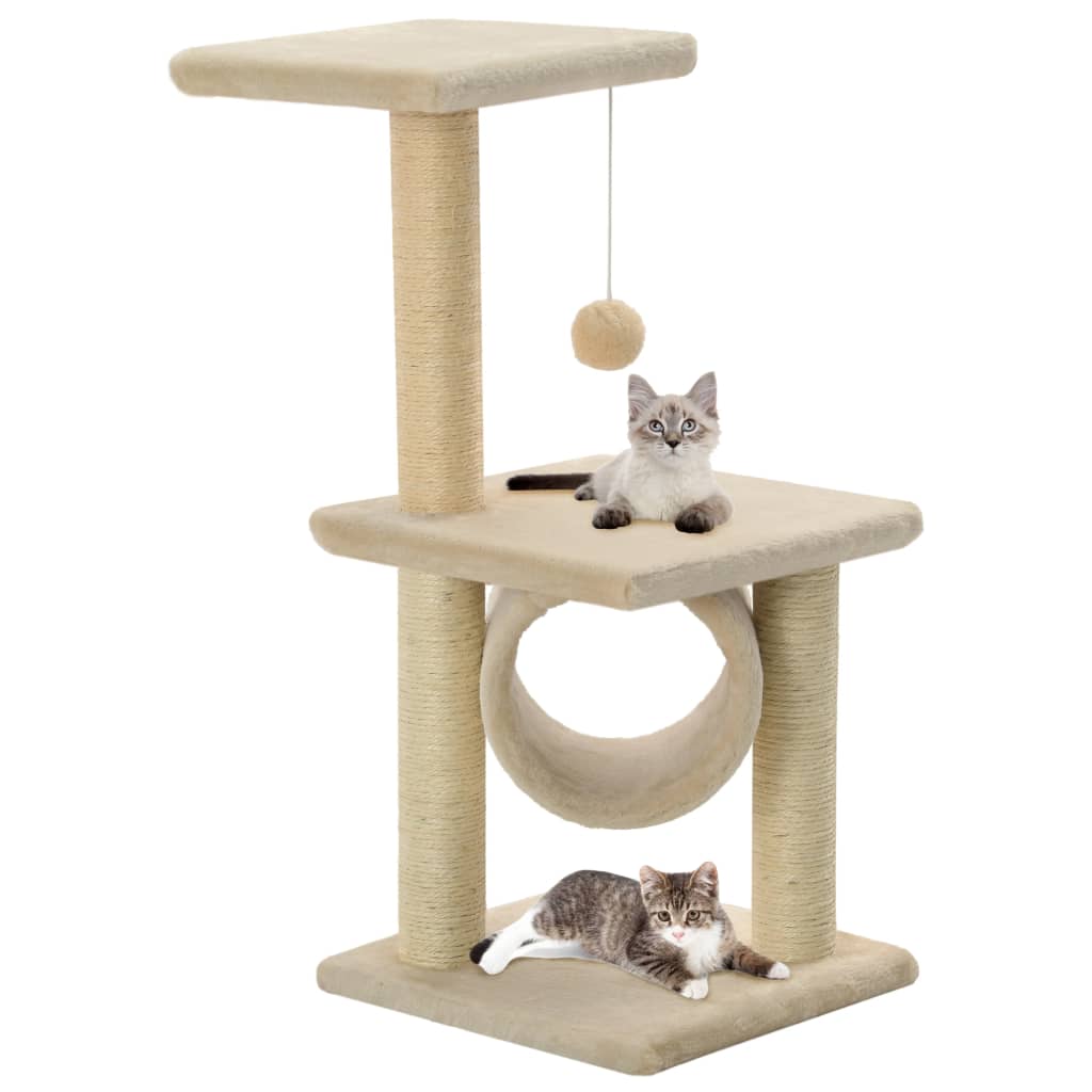 Cat house with sisal rope scratching post, 65 cm, beige