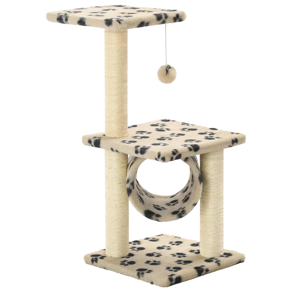 Cat house with sisal rope scratching post, 65 cm, beige with paw prints